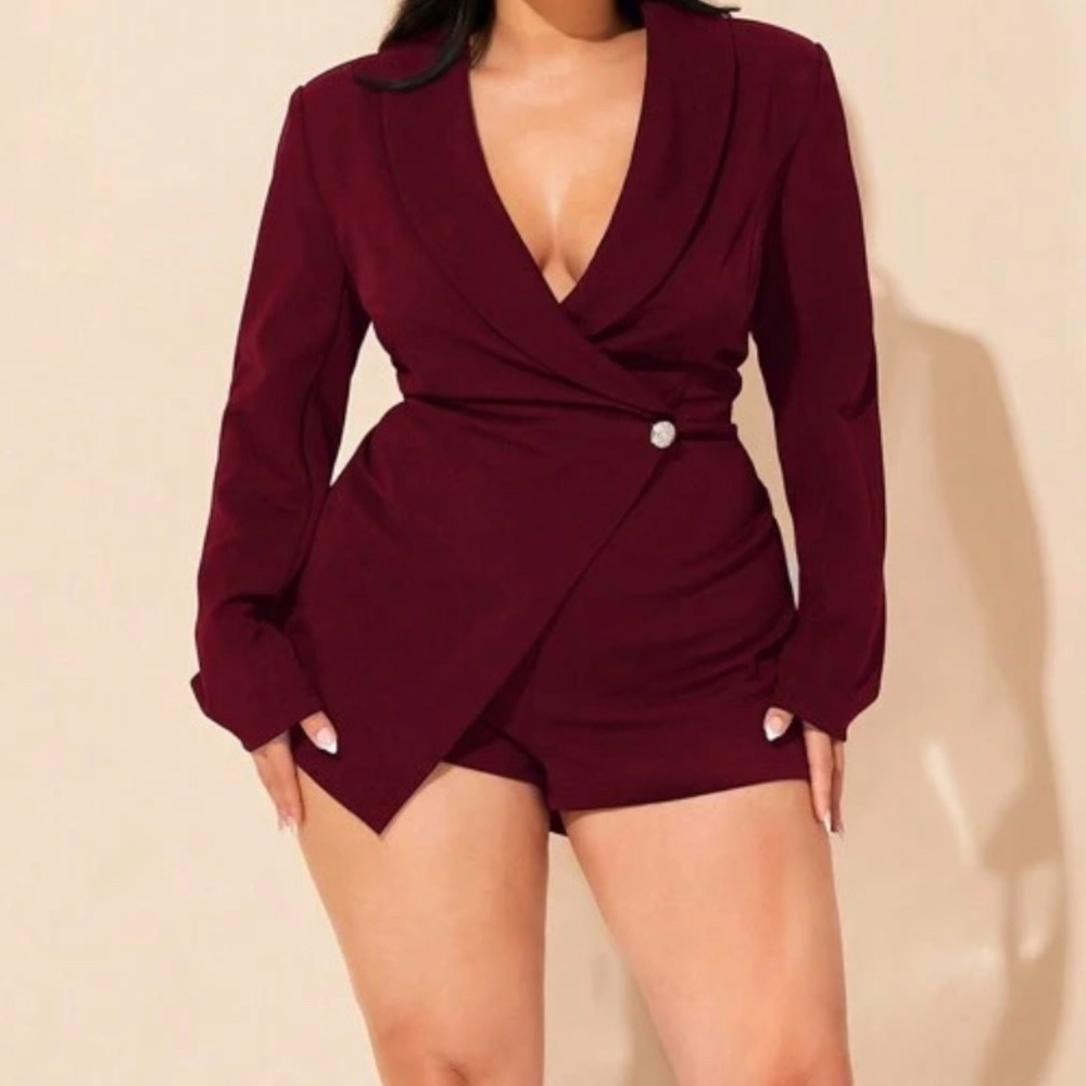 SHEIN BAE Plus Size Fall Button Detail Wrap Romper Elegant Sexy Jumpsuit